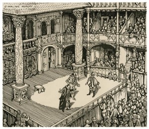 The imagined view of Shakespeare’s Merchant of Venice, Act 1, Sc 3, as performed in an Elizabethan Theatre.   (C. Walter Hodges)